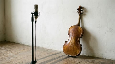 Editorial illustration of a viola and microphone in a quiet room.
